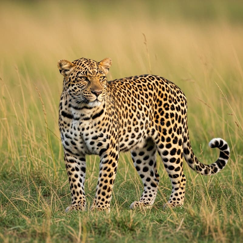 A leopard standing in tall golden savannah grass, its rosette-marked coat lit by low evening sun