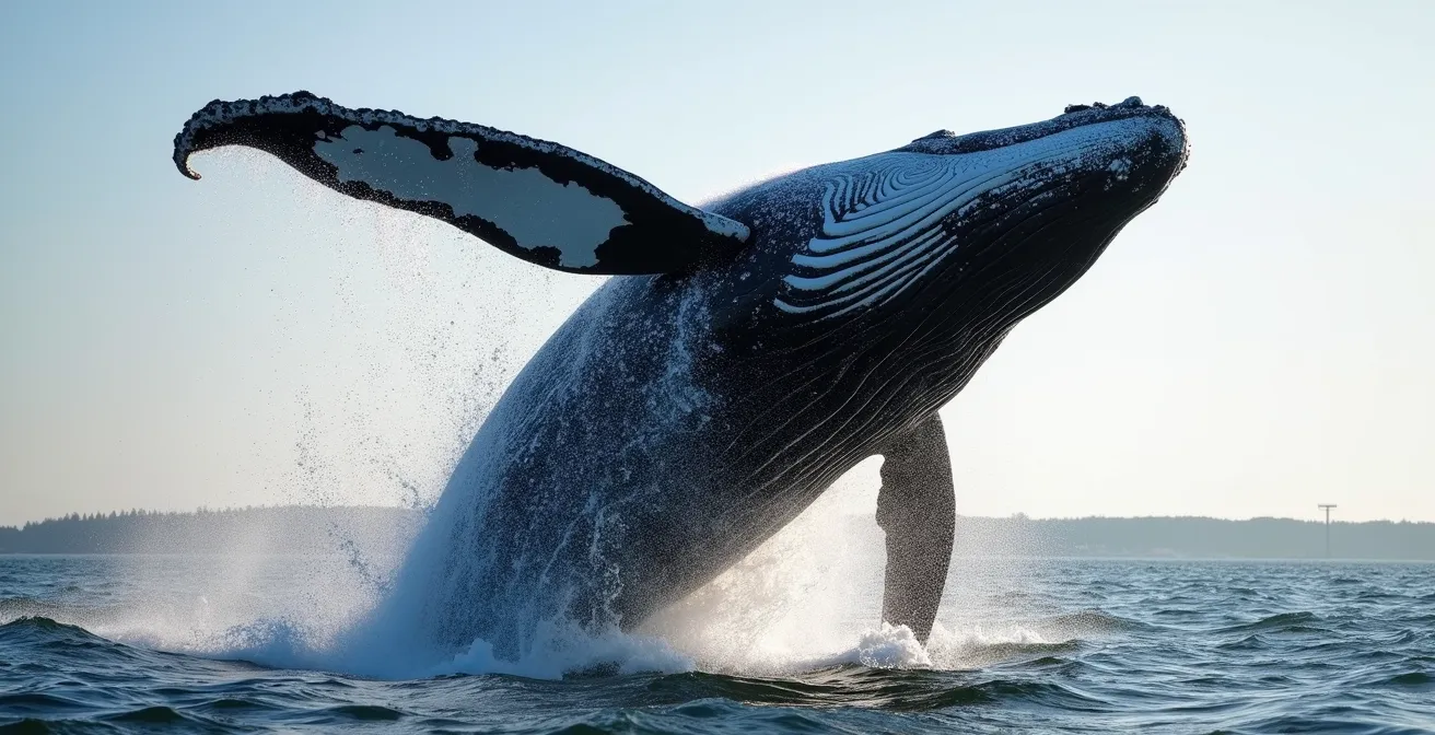 A humpback whale breaching clear of the sea off a wooded coastline, one pectoral fin raised high